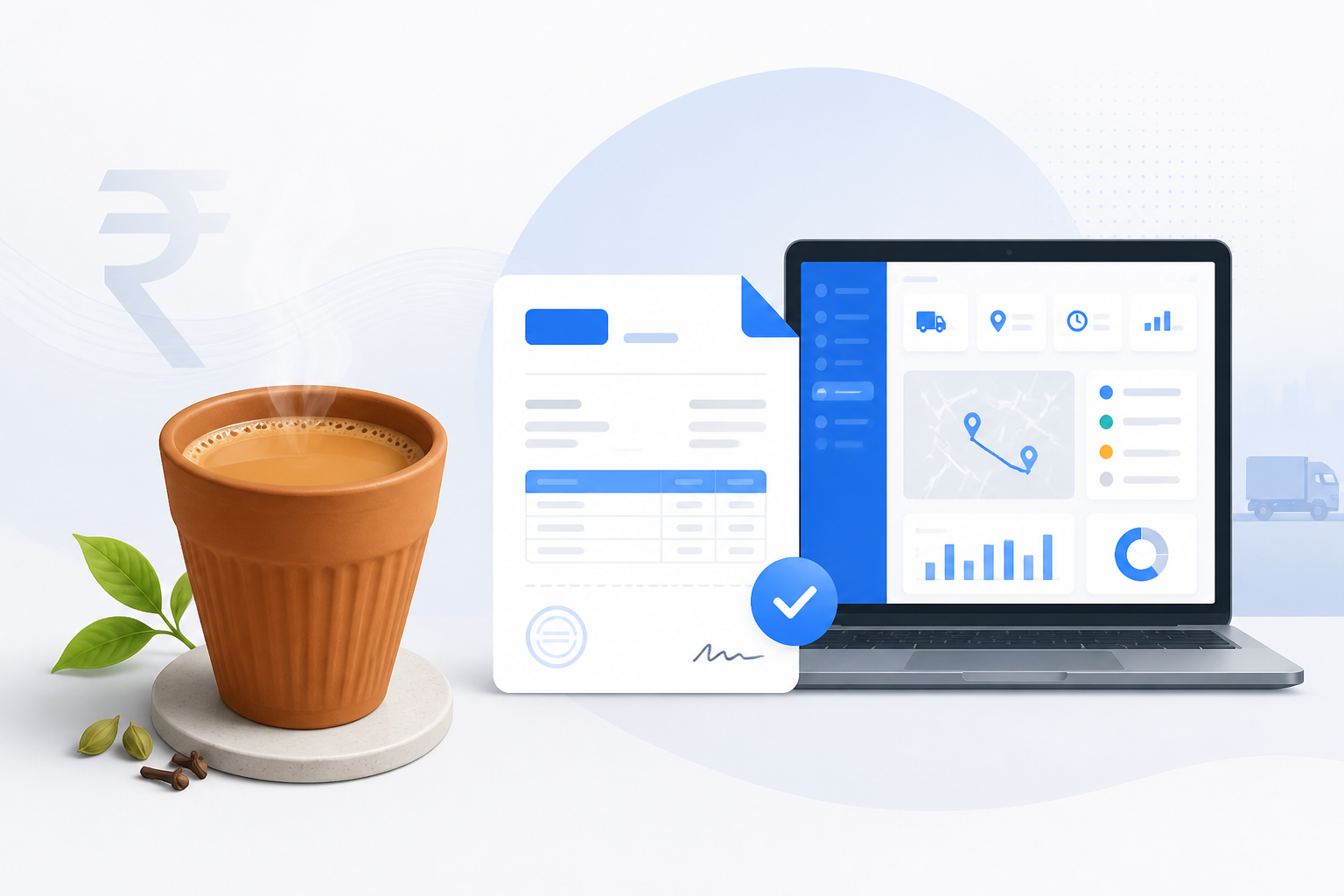 Chai cup next to a digital LR dashboard — affordable transport software