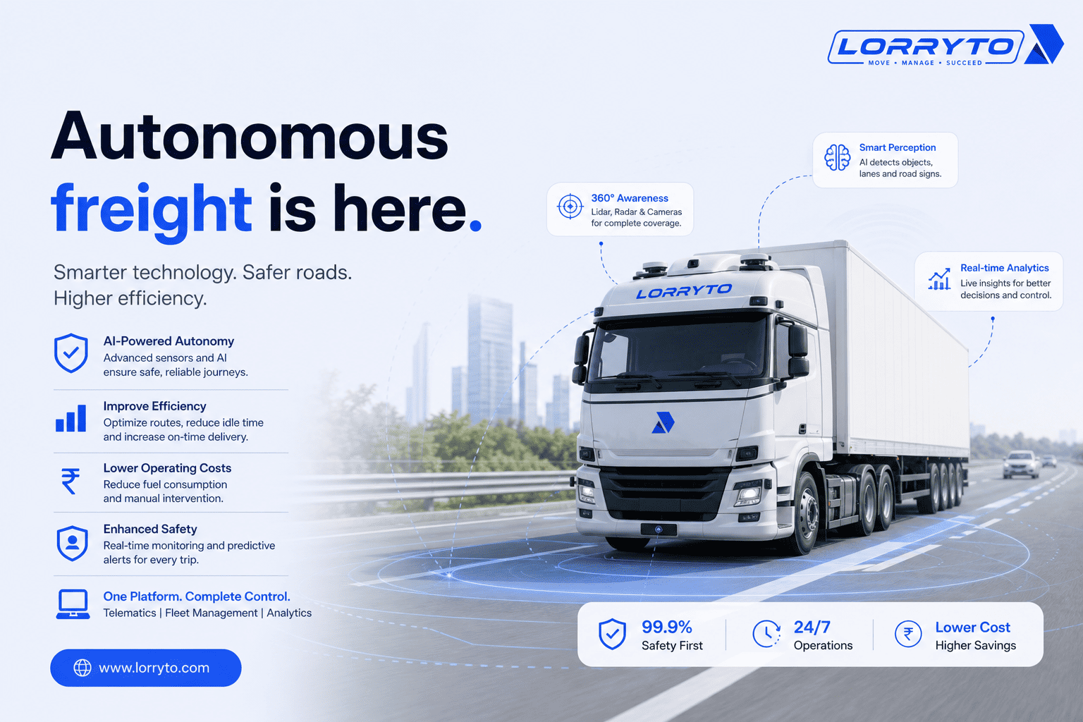 Modern autonomous truck on a highway with subtle sensor and AI detection arcs