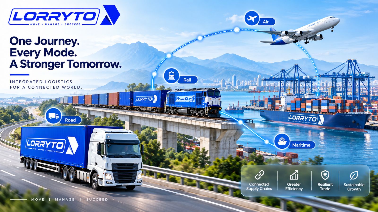Multimodal freight journey connecting road, rail, maritime and air