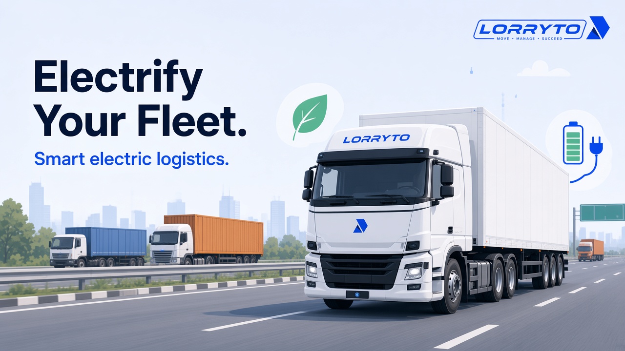 Electric heavy truck on an Indian freight corridor with charging and energy cues
