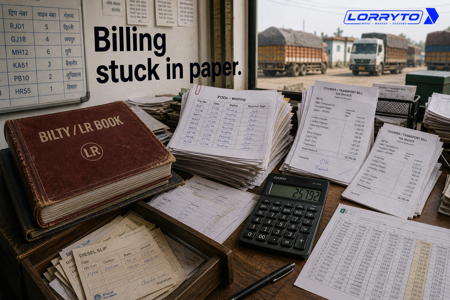 Billing stuck in paper: LR book, POD wait, calculator, courier bills