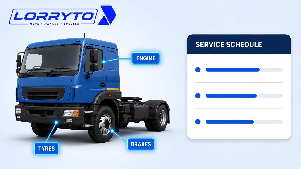 Truck in a workshop with engine, tyre and brake sensor callouts next to a service schedule dashboard