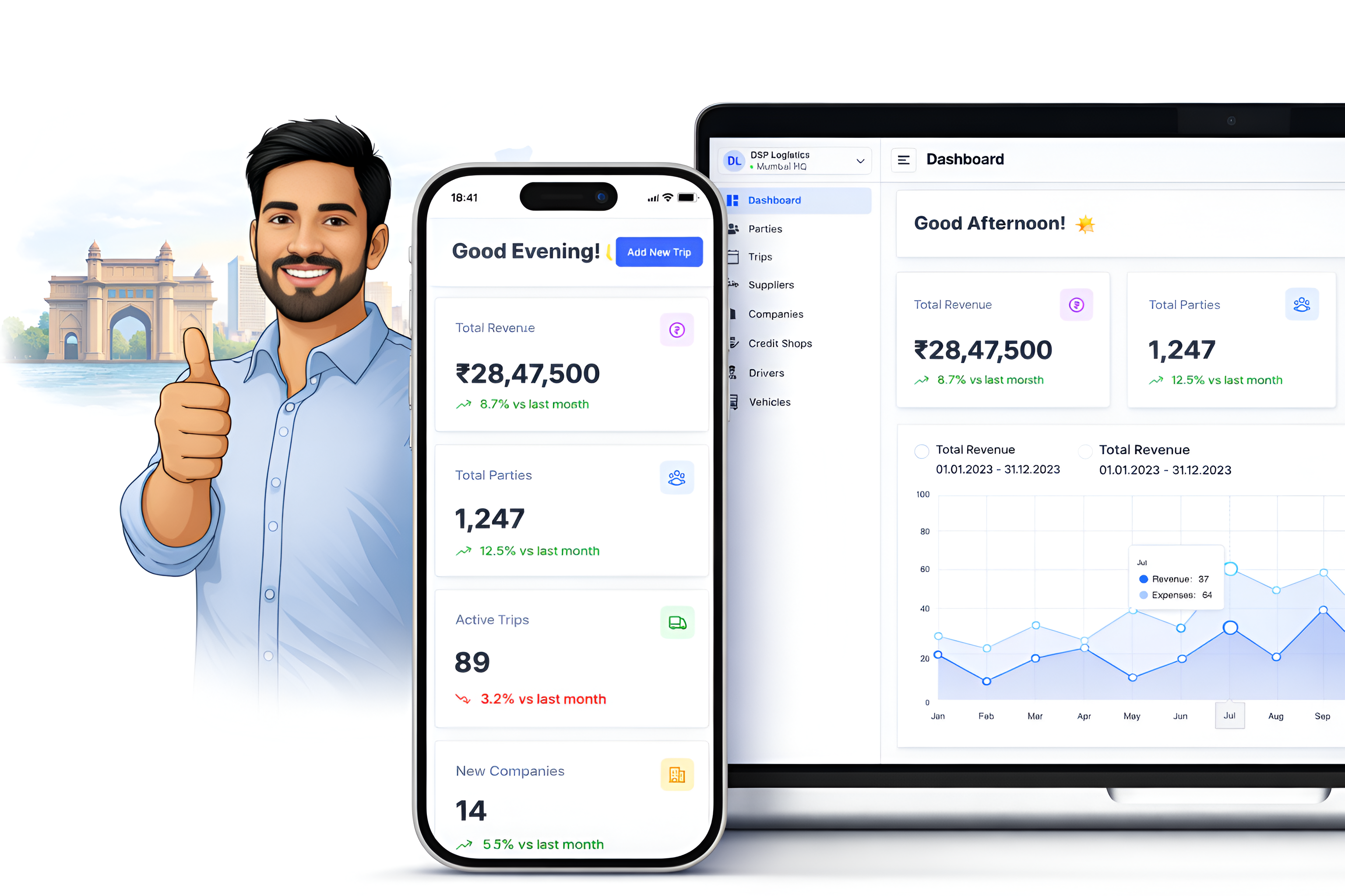 Lorryto UI on mobile and laptop with character illustration