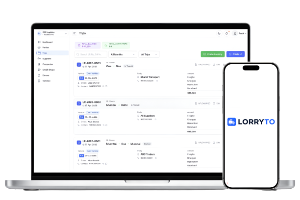 Lorryto web dashboard on laptop and mobile app together